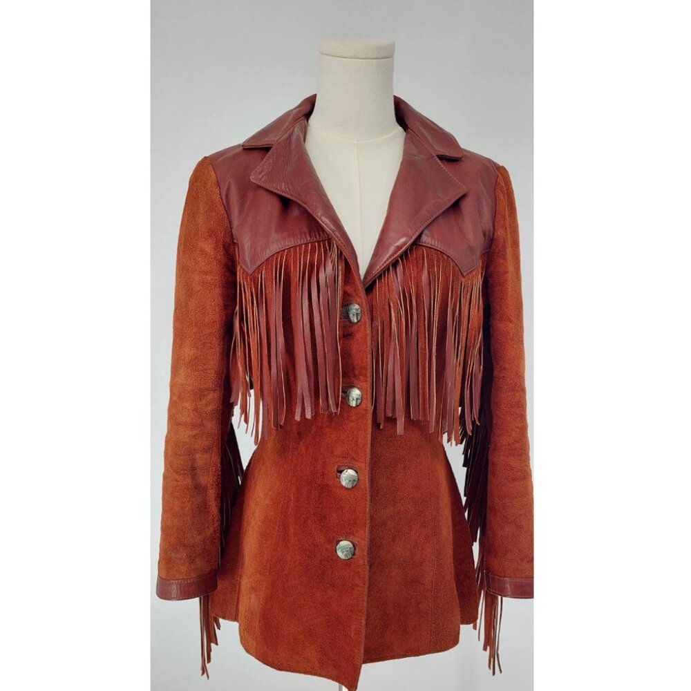 Vintage Genuine Leather Suede Reddish Brown Fringed Western Jacket